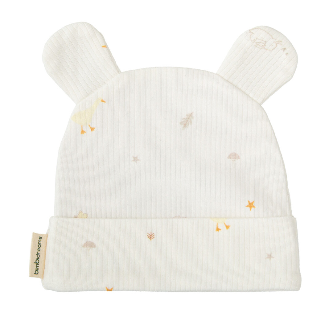 Gorro branco de bebé com estampa e orelhas em tecido canelado