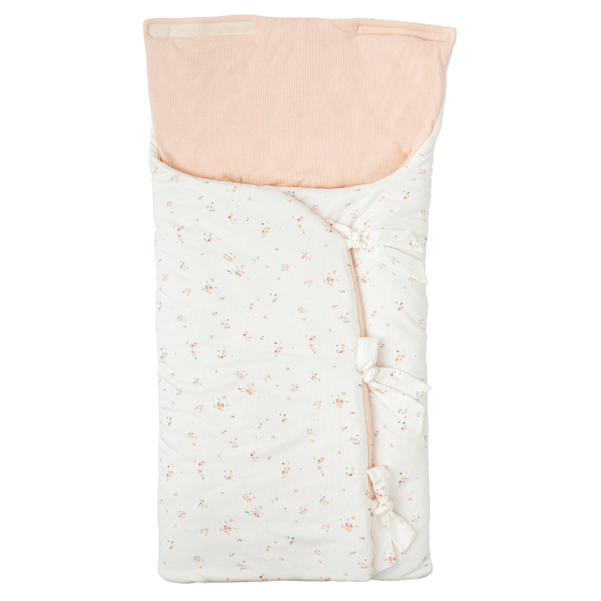 Saco de bebé floral creme e rosa com laços e fechos de velcro.