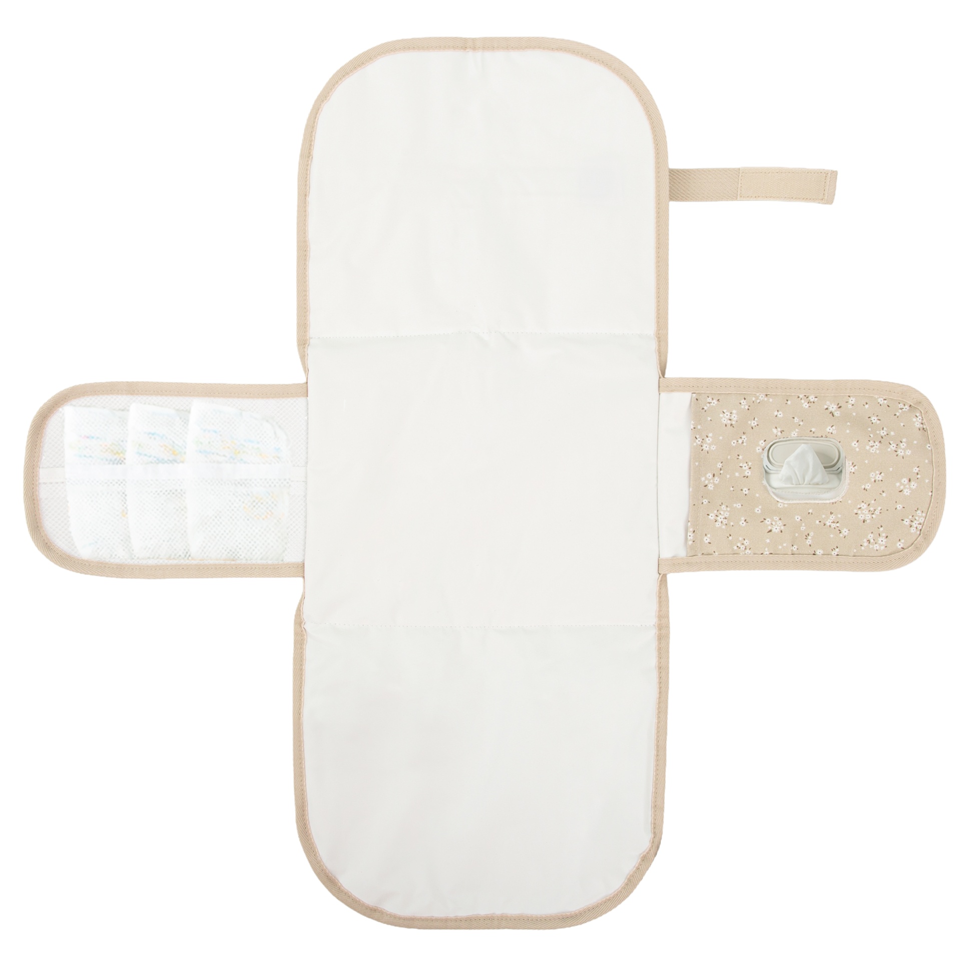 Trocador portátil de bebé em tecido bege claro com floral branco, compartimentos para fraldas e abertura para lenços húmidos.