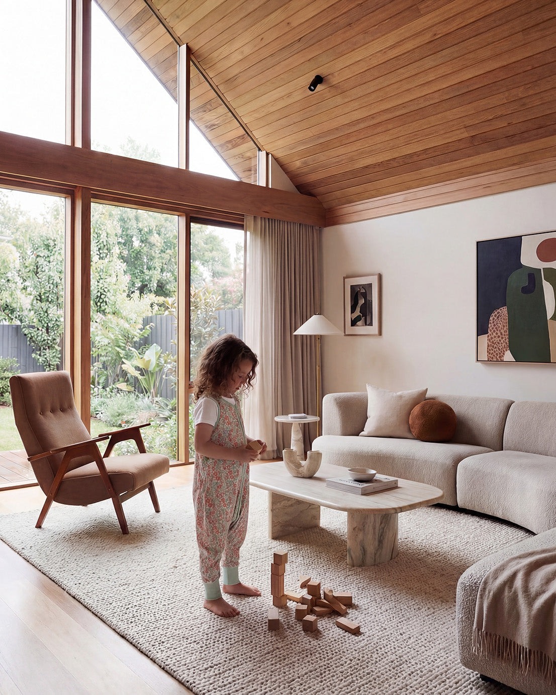 Sala de estar com sofá curvo beige, poltrona castanha, mesa de centro em mármore e criança a brincar com blocos de madeira.