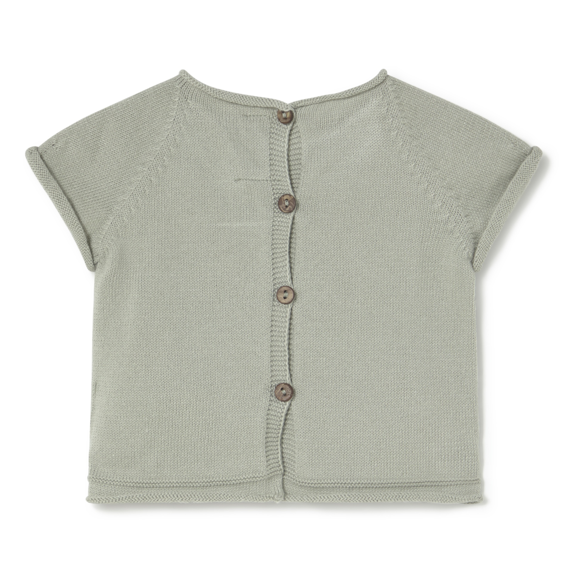 Camisola cinzento claro de malha com botões de madeira nas costas