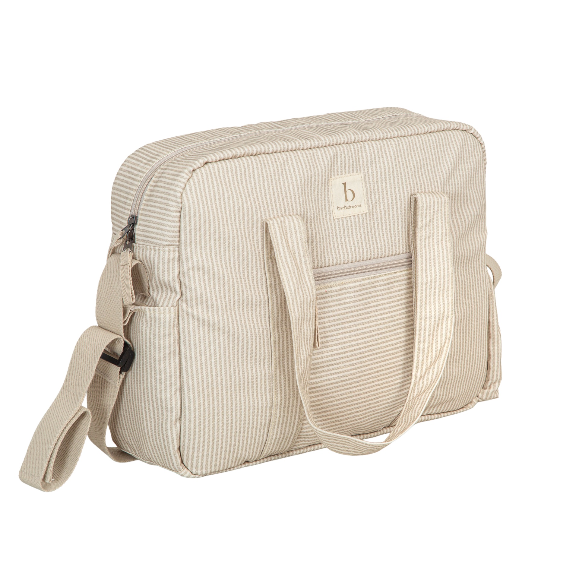 Mochila de tecido bege com riscas finas e alças ajustáveis