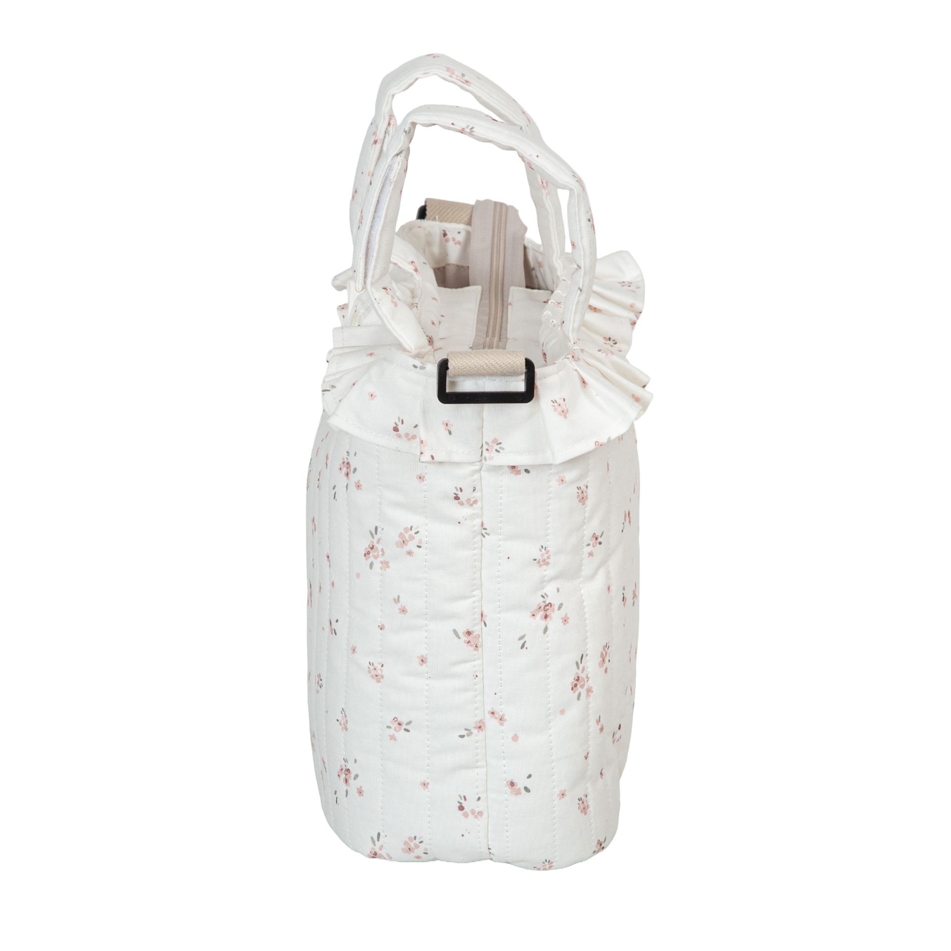 Mala de tecido branco com padrão de pequenas flores cor-de-rosa e verdes