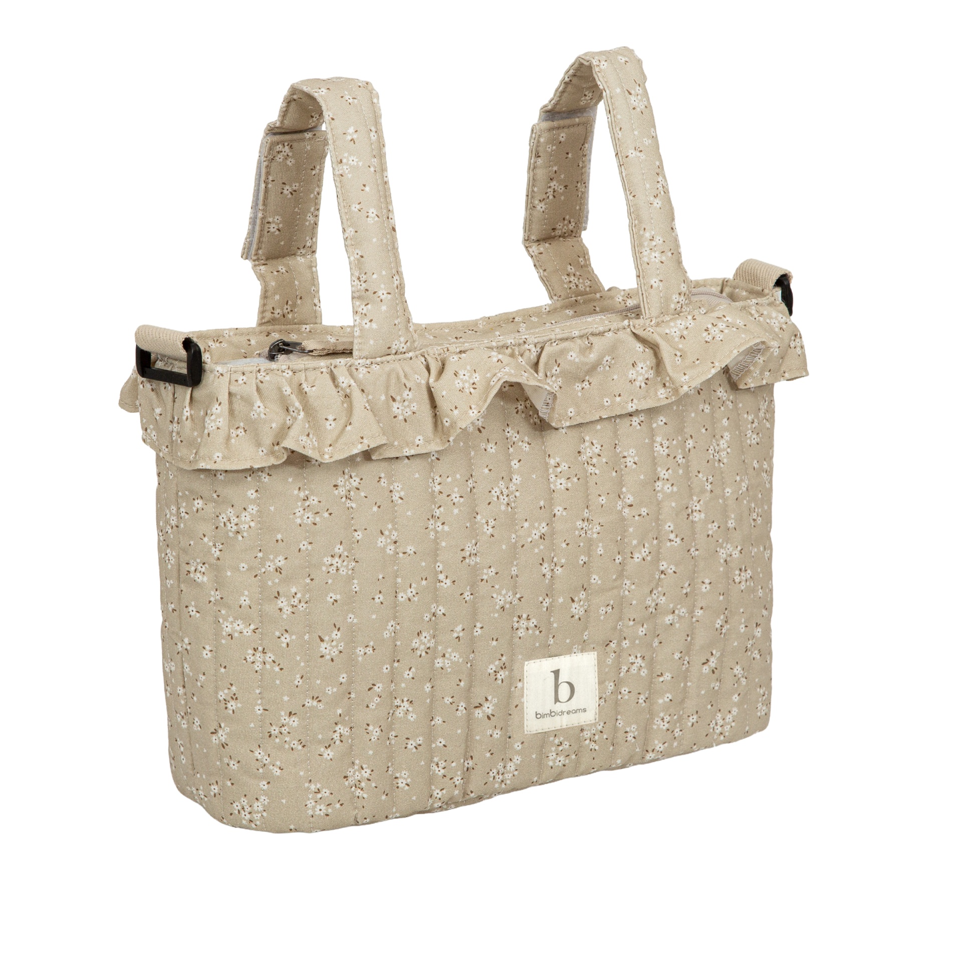 Bolsa têxtil bege com padrão de flores pequenas e alças