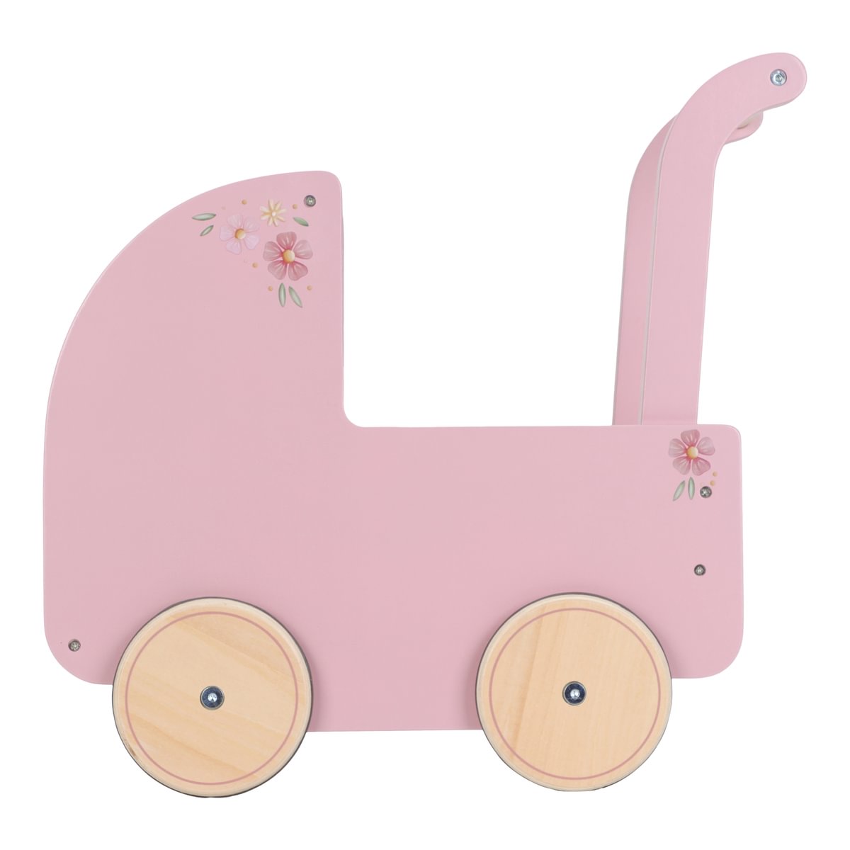 Carrinho de brinquedo rosa de madeira com decoração floral e rodas de madeira clara.