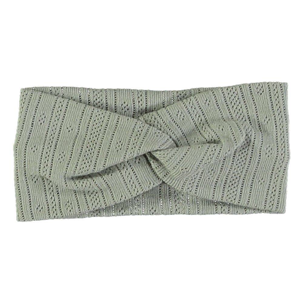 Faixa de cabeça de malha cinza com padrão de tricô aberto e detalhe torcido