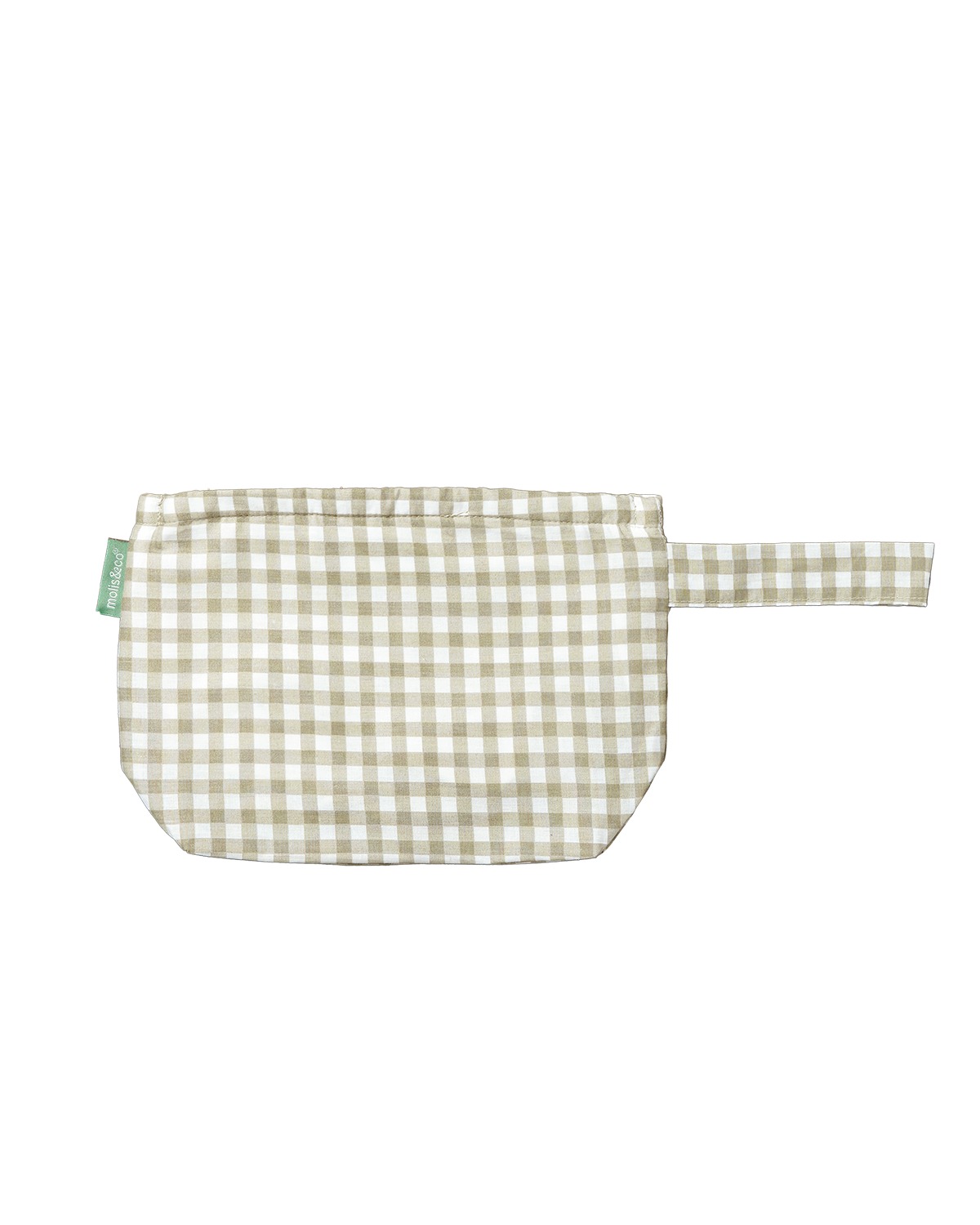 Bolsa pequena xadrez bege e branco com alça e etiqueta verde