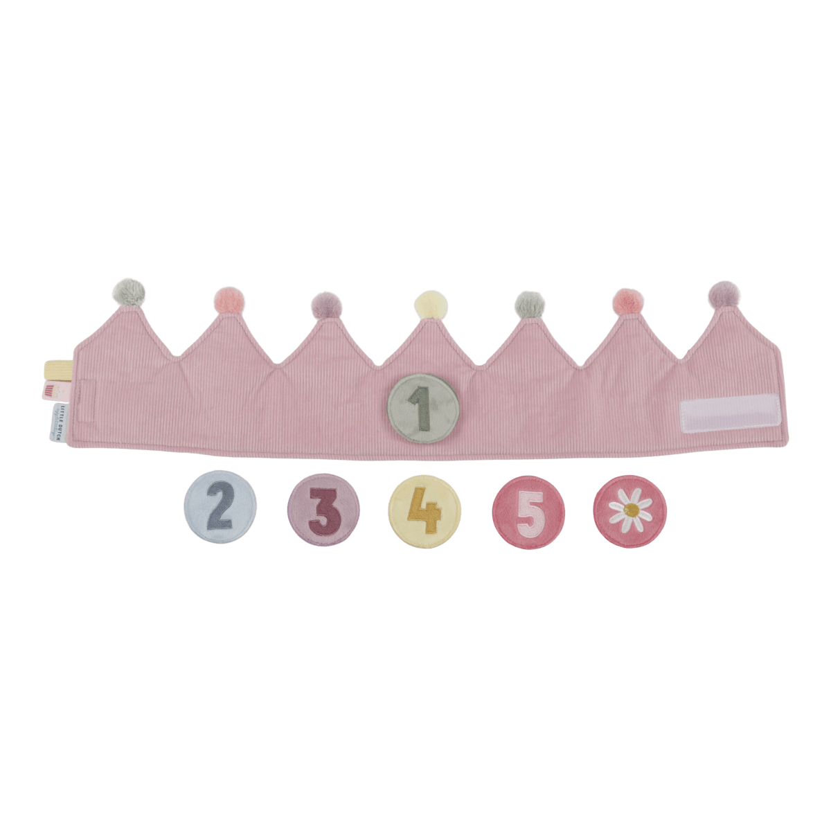 Coroa rosa de tecido com pompons e discos numerados para crianças