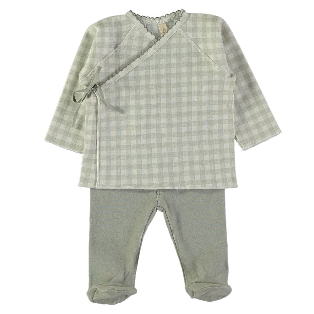 Conjunto de roupa de bebé xadrez cinza claro e branco com laço e calças cinza claro