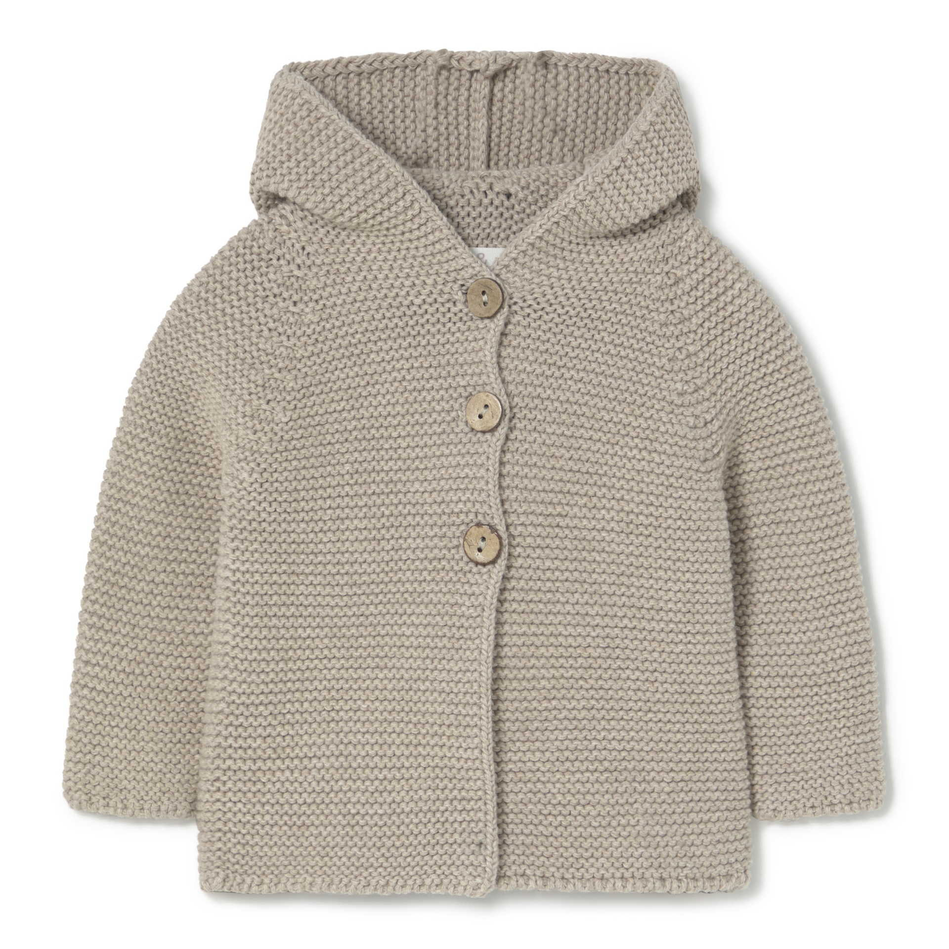 Casaco bege de malha com capuz e botões de madeira