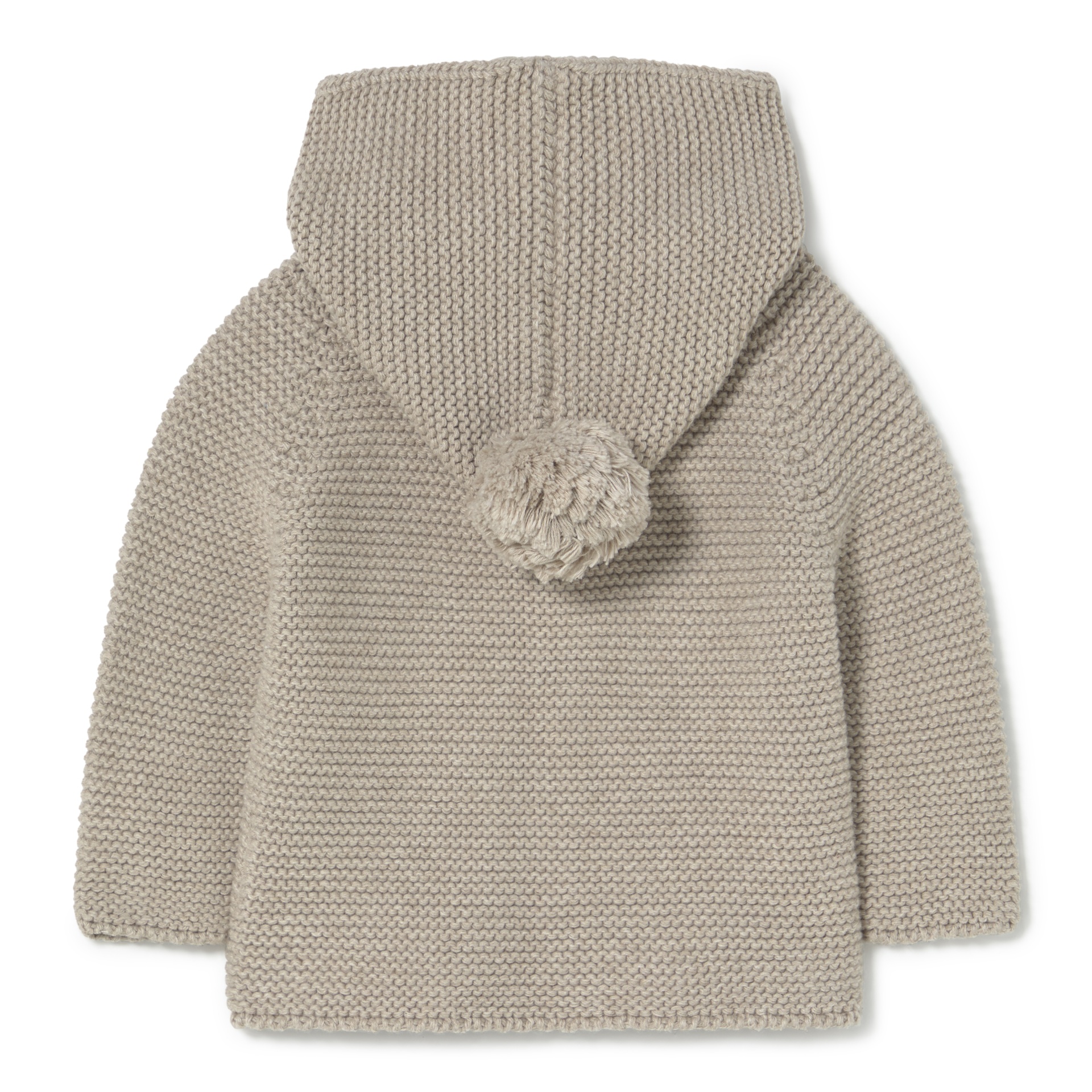 Casaco de malha bege com capuz e pompom visto de costas