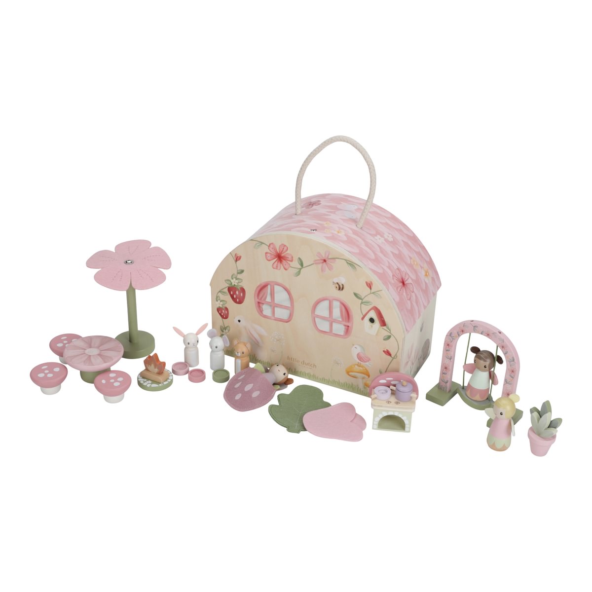 Brinquedo em madeira com casa e figuras de animais em rosa e verde