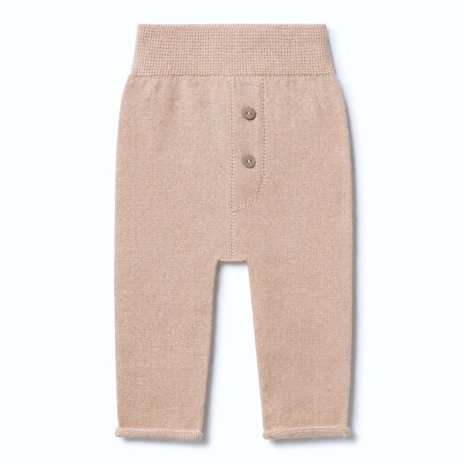 Calças de bebé bege claro em malha com botões e punhos enrolados