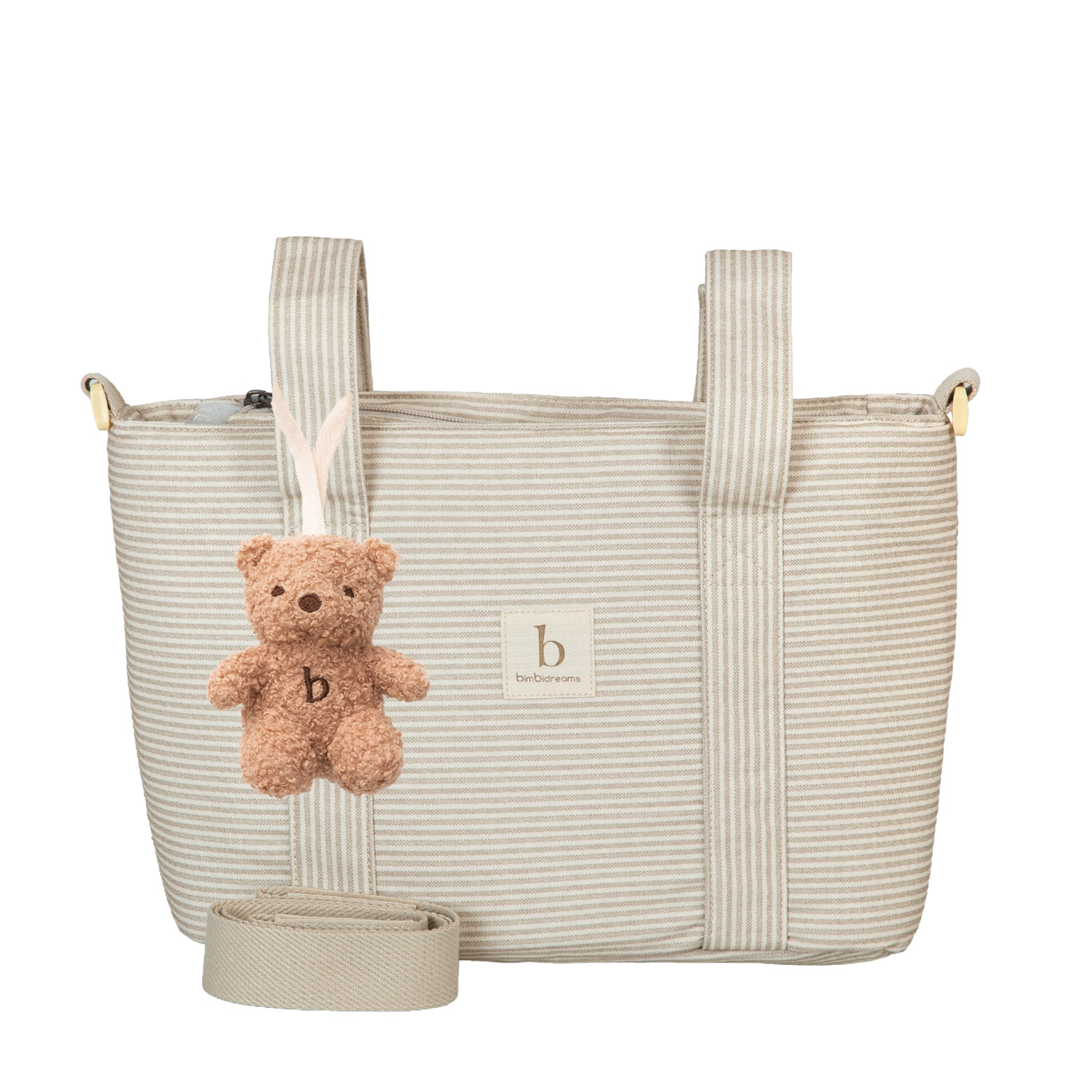 Bolsa de tecido bege riscada com ursinho de peluche castanho e etiqueta bimbidreams