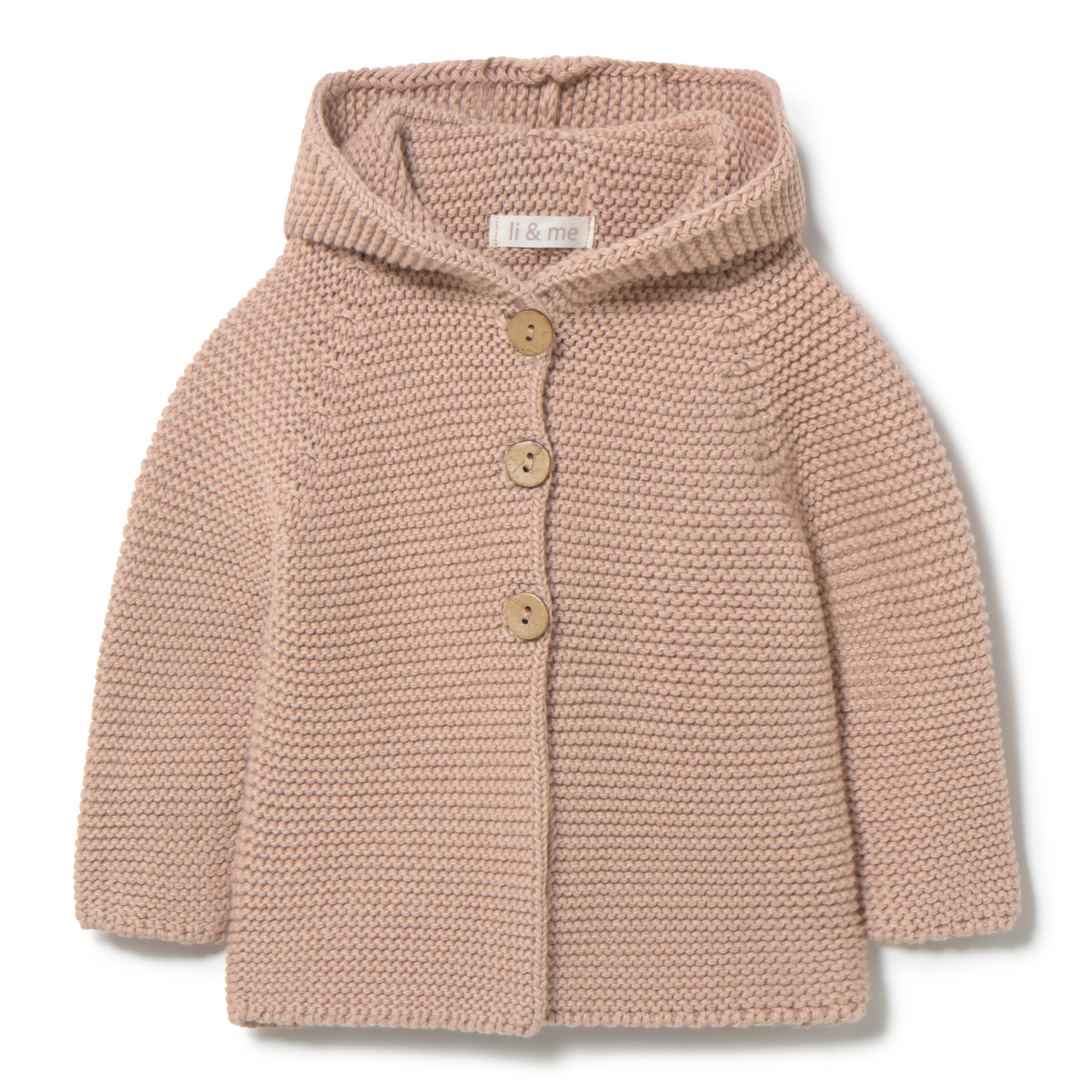 Casaco de malha rosa claro com capuz e botões de madeira para bebé