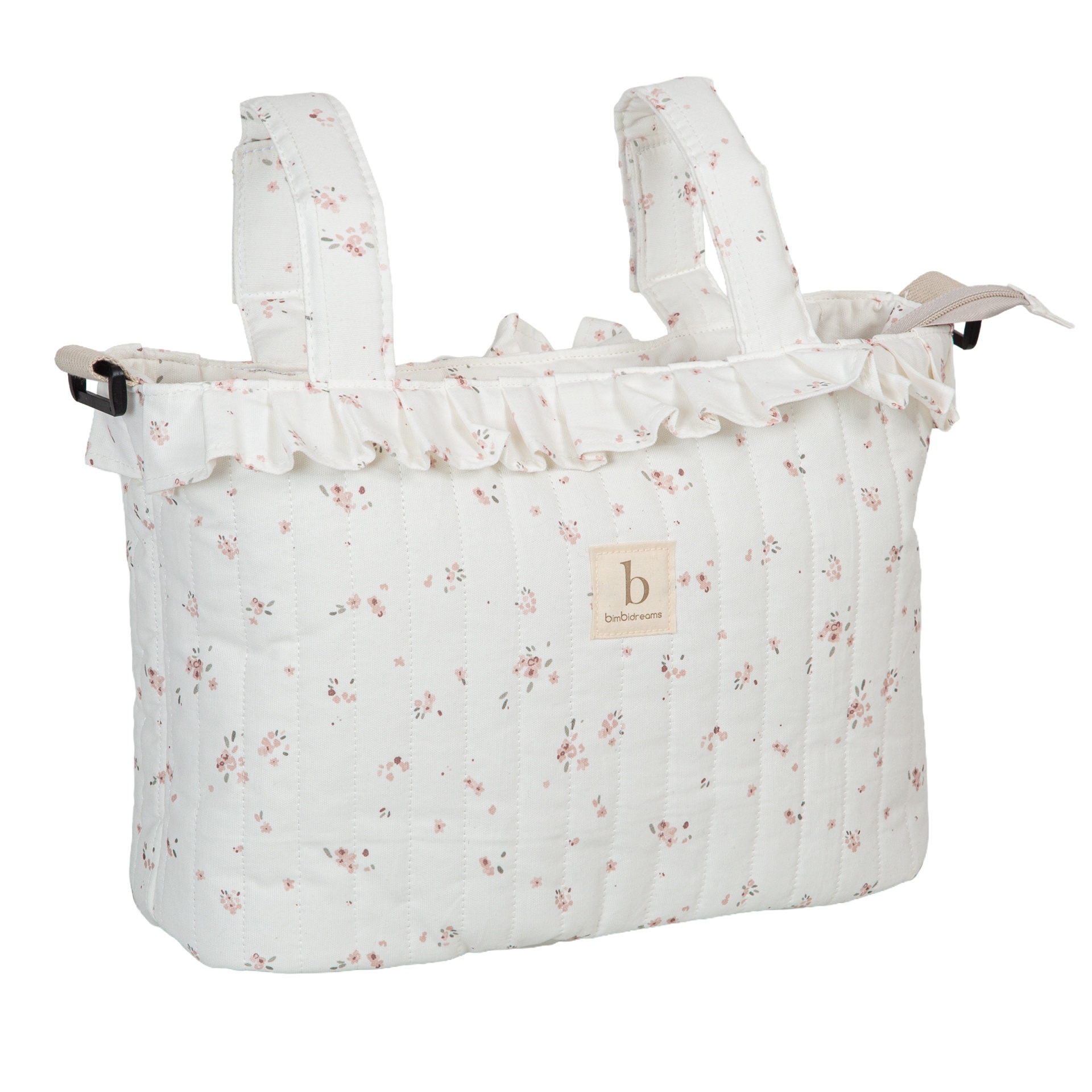 Mala de pano floral branco rosa com alças e fecho