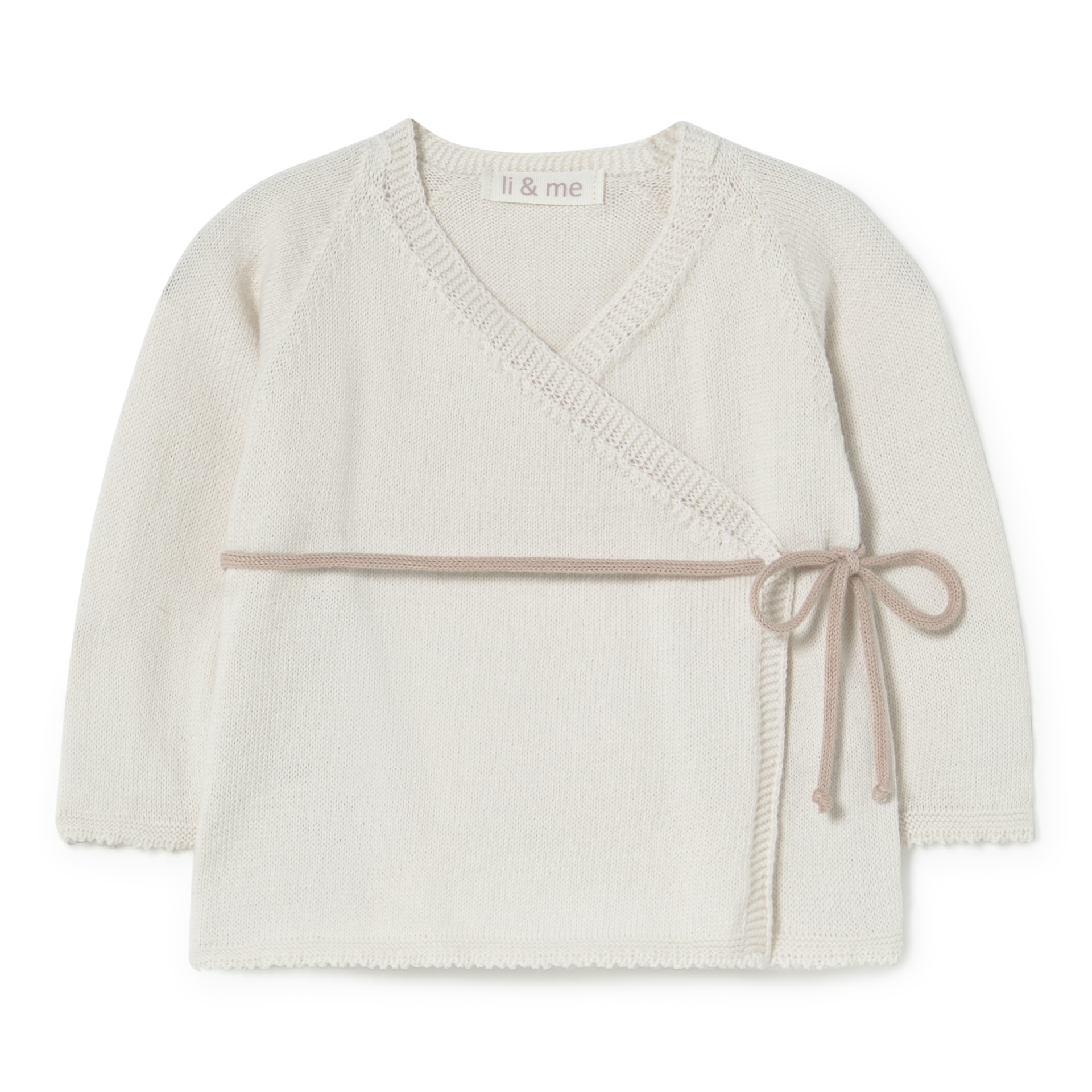 Casaco de bebé branco de malha com fita castanha clara para atar