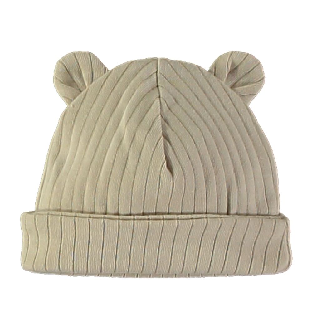 Gorro bege com textura riscada e orelhas no topo