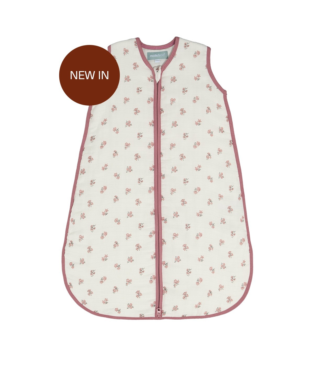 Saco de dormir para bebé branco com flores rosa e fecho frontal