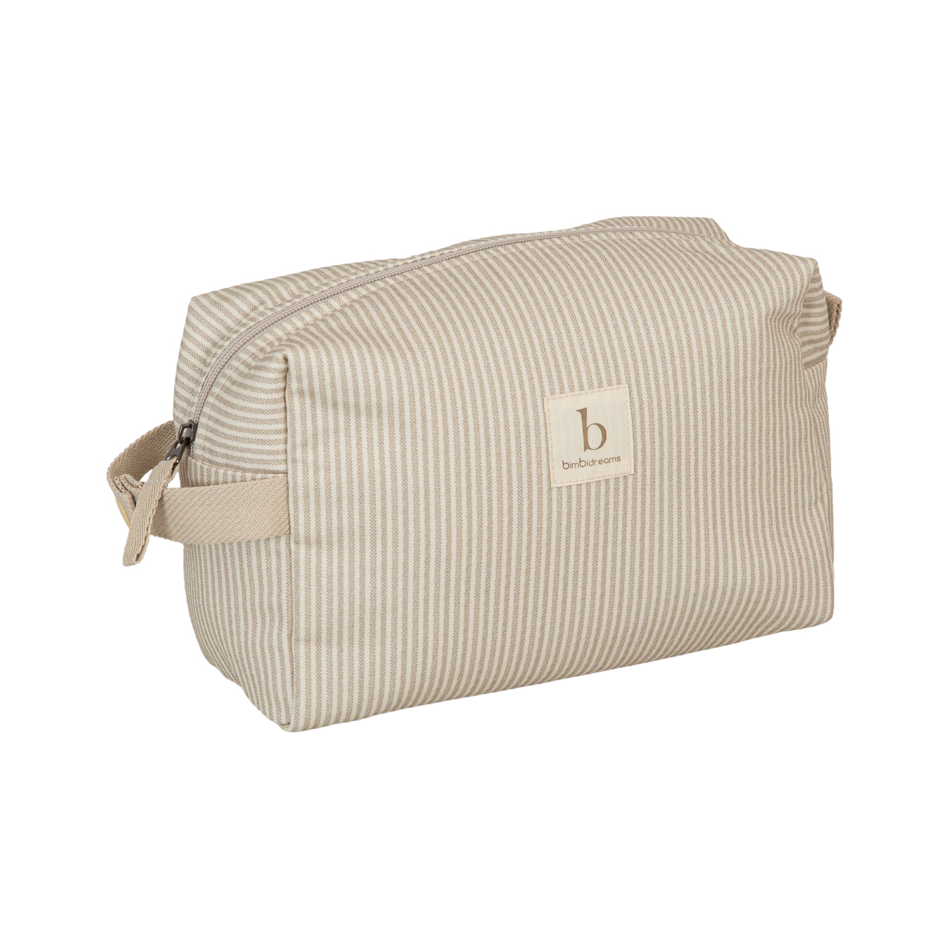 Bolsa bege com riscas brancas e etiqueta bimbidreams
