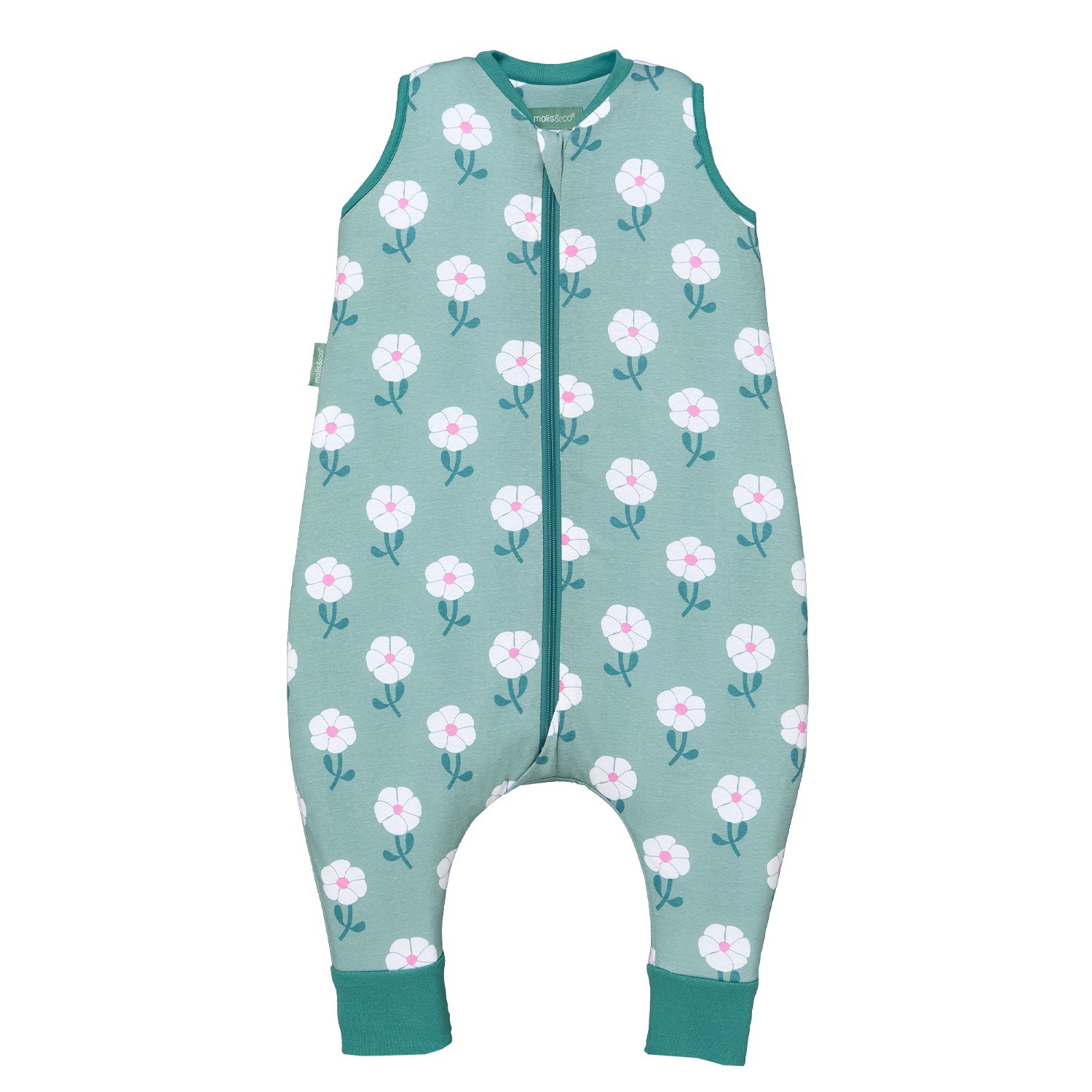 Macacão baby verde com padrão de flores brancas e rosa com fecho frontal