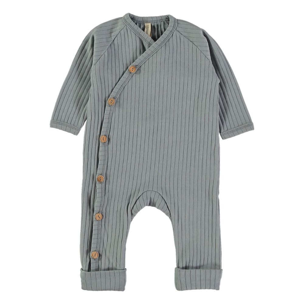 Macacão de bebé cinza com riscas e botões de madeira