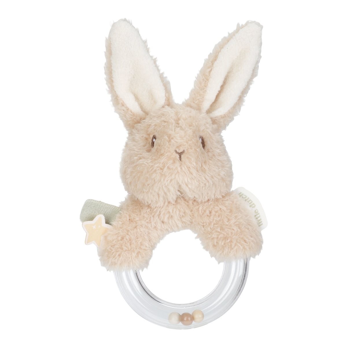 Brinquedo de bebé em forma de coelho bege e branco com aro plástico transparente e bolas