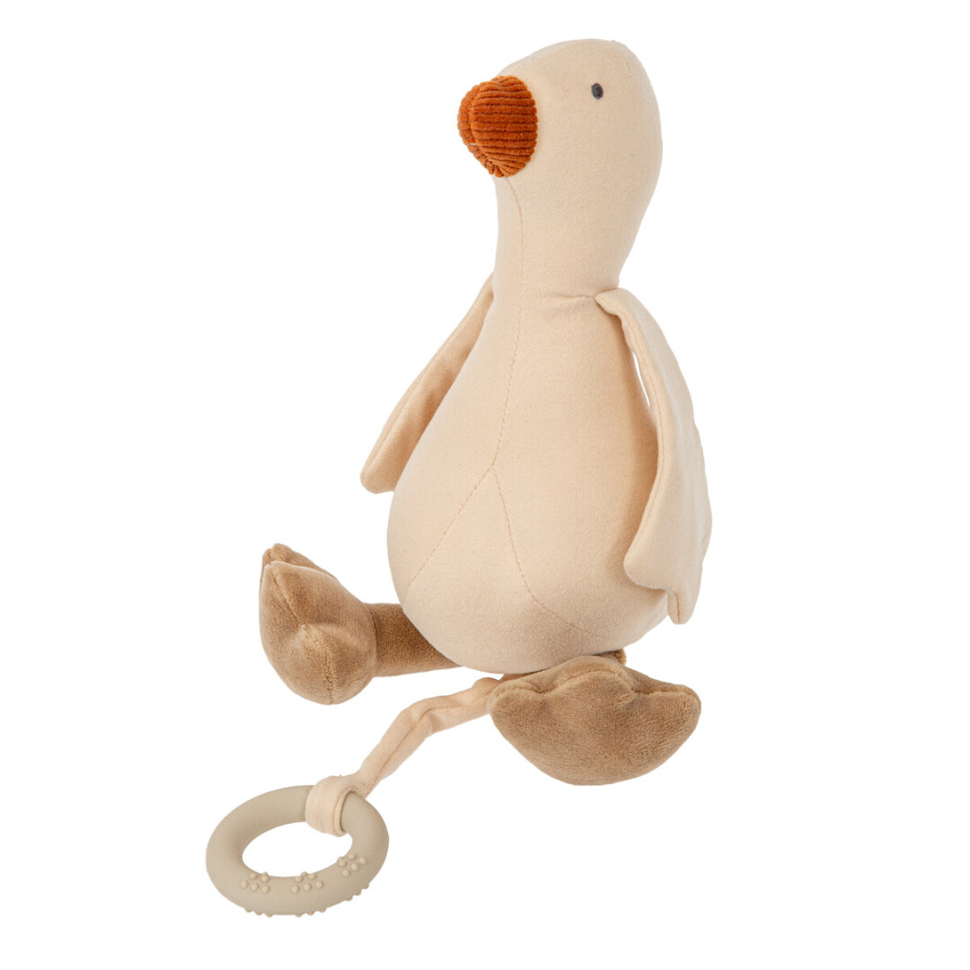 Pelucho em forma de pato bege com bico laranja e anel de dentição cinza