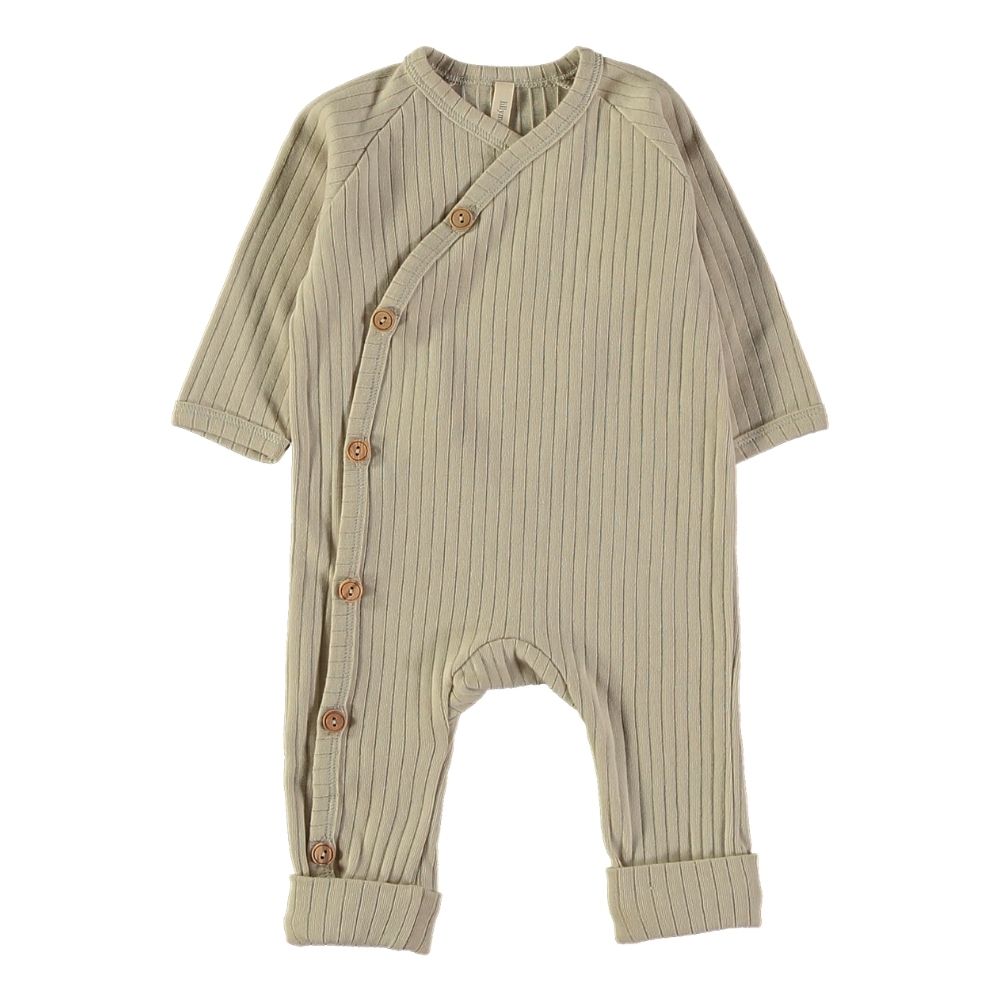 Macacão de bebé bege com botões de madeira em linha diagonal