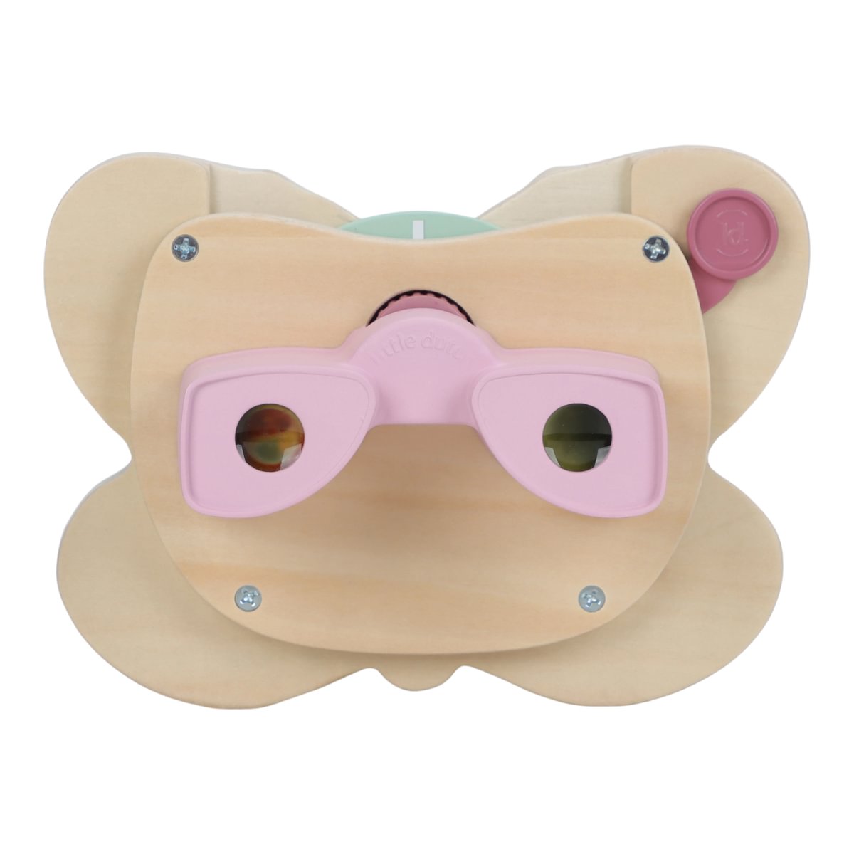 Binóculos de brinquedo de madeira com lentes rosa