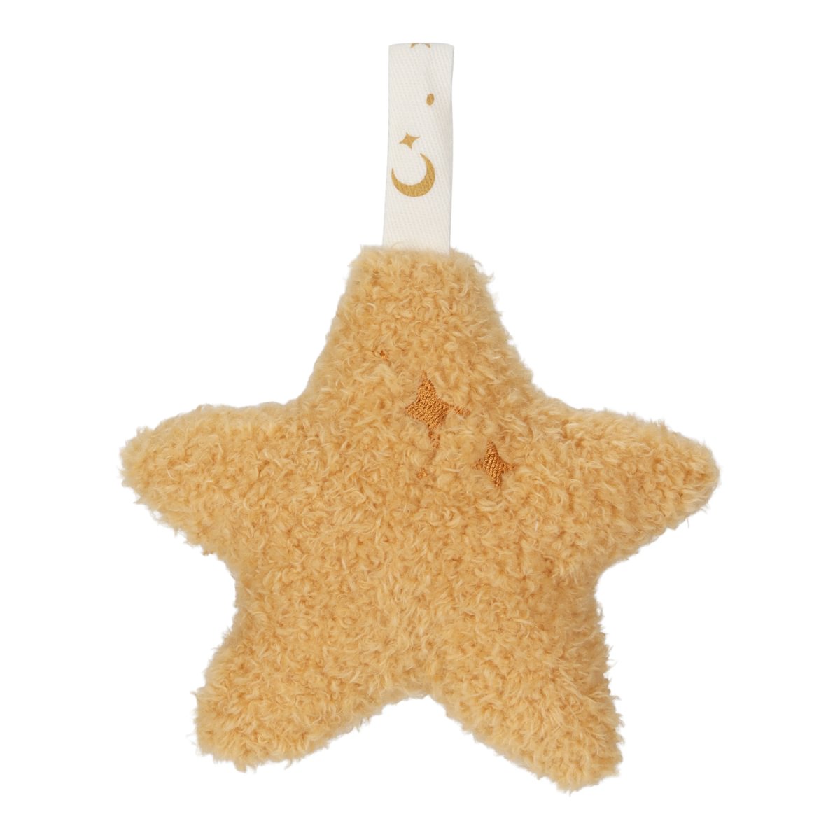 Brinquedo estrela felpuda bege com fita branca e padrão dourado