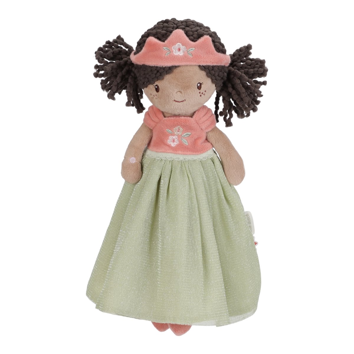 Boneca de pelúcia com vestido verde e blusa cor de salmão