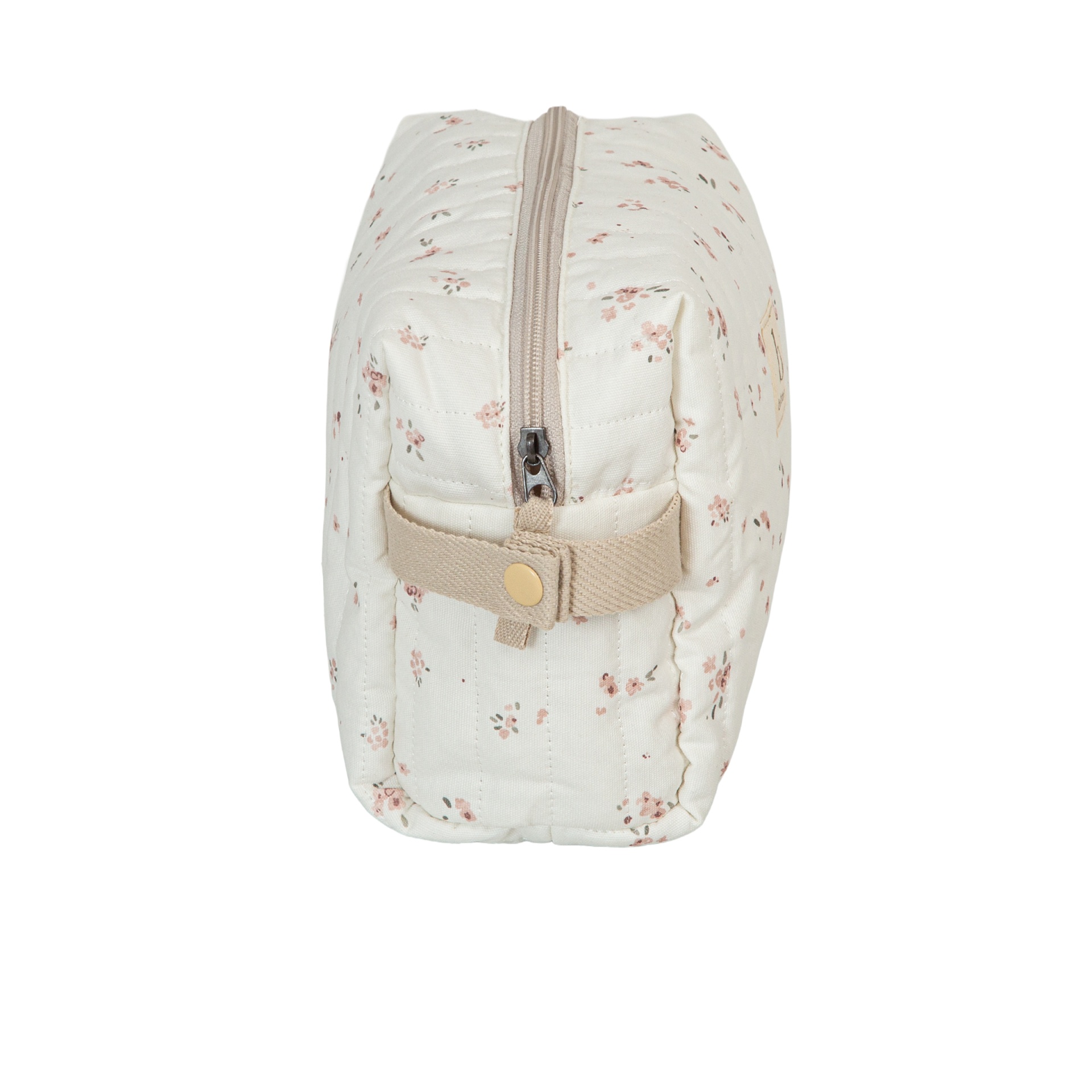 Bolsa de tecido branco com padrão floral e fecho de correr bege
