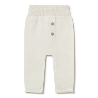 Calças para bebé em malha creme com botões e cós largo.