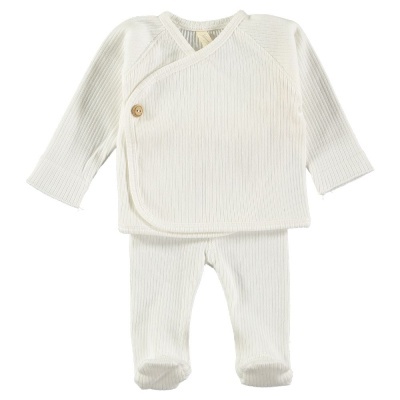 Conjunto roupa bebé malha canelada branca camisa manga comprida calças com pés