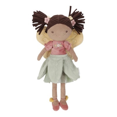 Boneca de peluche com vestido verde e asas amarelas
