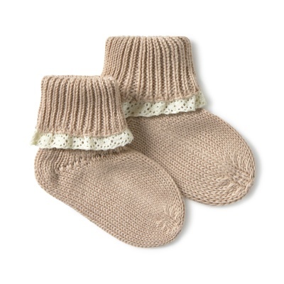 Meias bege claro com punho canelado e renda branca