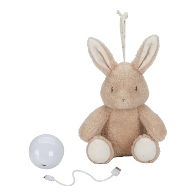 Brinquedo coelho de peluche bege com luz LED redonda branca e cabo USB