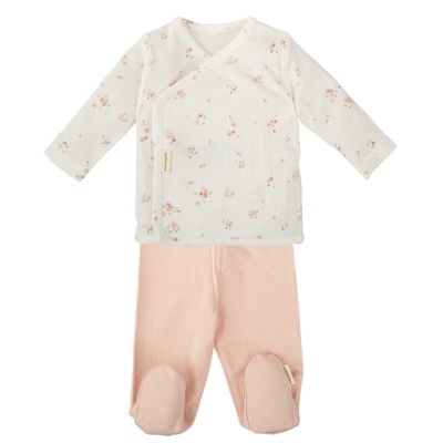 Conjunto de roupa para bebé com camisola branca de manga comprida e calças cor-de-rosa com pés
