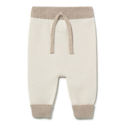 Calças de malha creme para bebé com detalhes bege e cordão ajustável