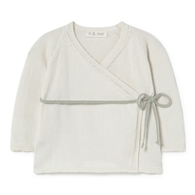 Casaco cruzado de malha creme com laço cinza e etiqueta il & me
