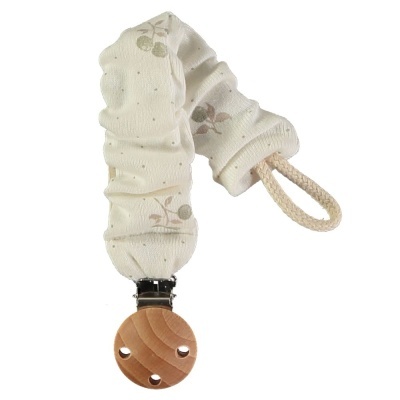 Clipe de chupeta branco com padrão floral e base redonda de madeira