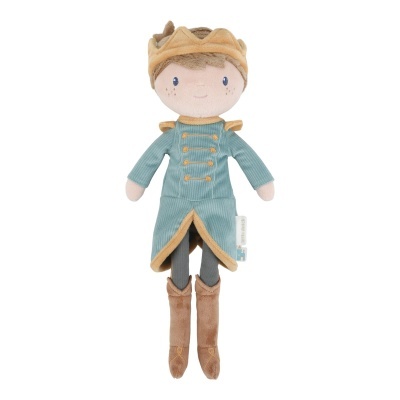 Boneco de peluche príncipe com roupa azul e coroa castanha