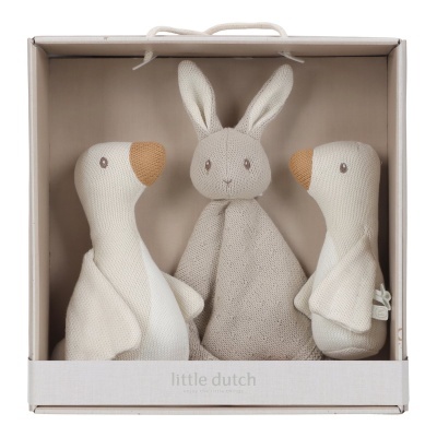 Conjunto brinquedos tricot coelho e dois gansos em caixa little dutch