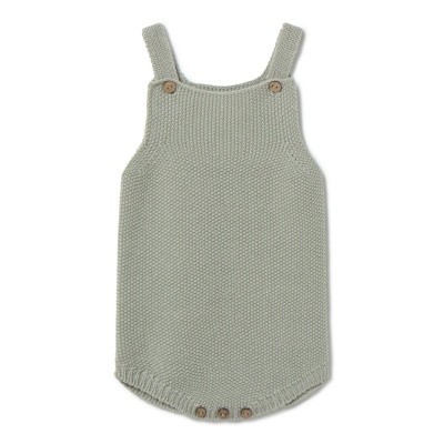 Rompedor de malha cinza claro para bebé com botões de madeira.