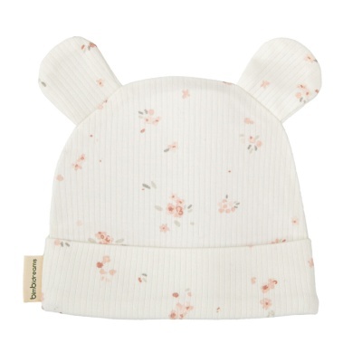 Gorro branco para bebé com padrão floral e orelhas
