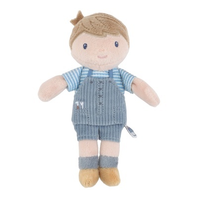 Boneco de peluche menino com roupa azul e castanha