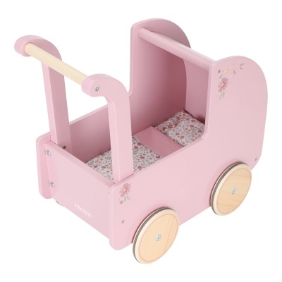 Carrinho de madeira rosa para brincar com rodas e colchão floral