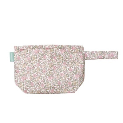 Necessaire floral rosa, branco e verde com alça e etiqueta verde.