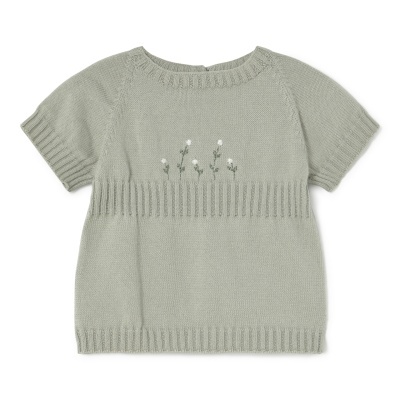 Camisola de malha cinza claro com bordado floral e mangas curtas